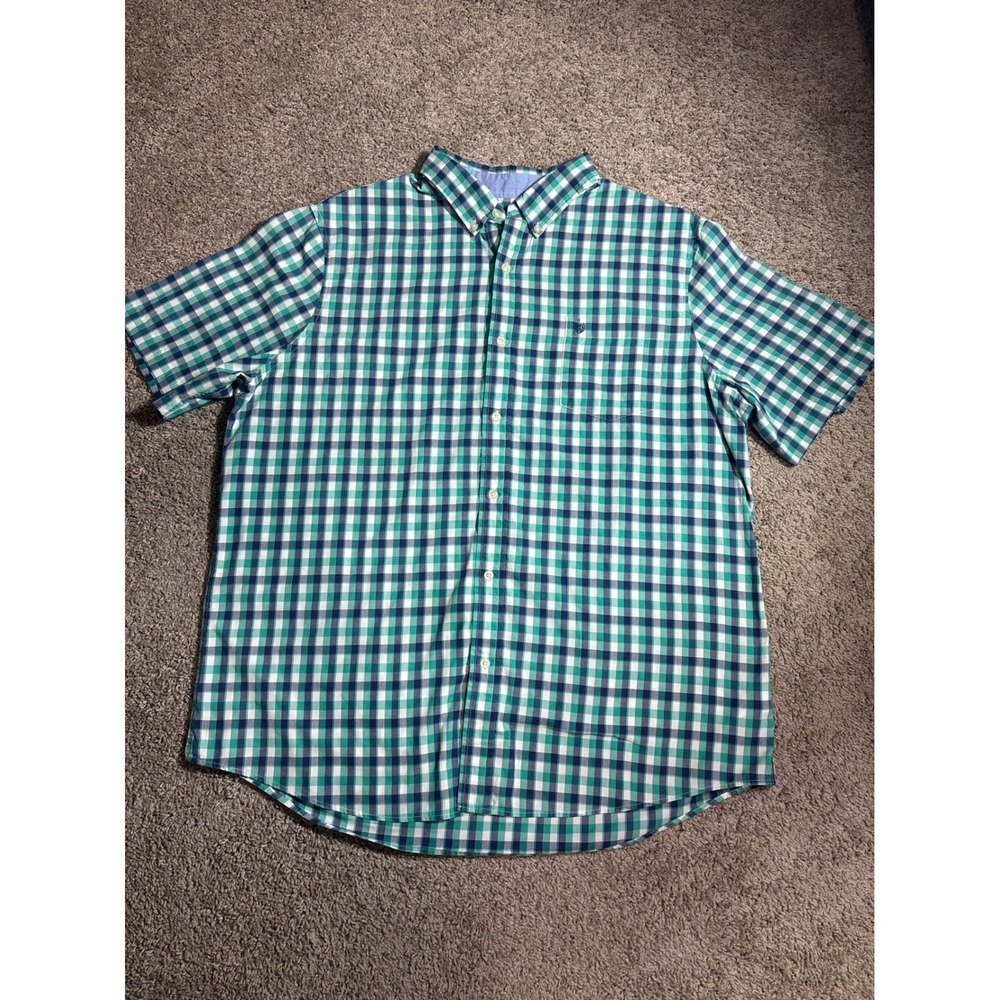 Chaps Plaid Short Sleeve Button Down Shirt Green Navy XXL‎